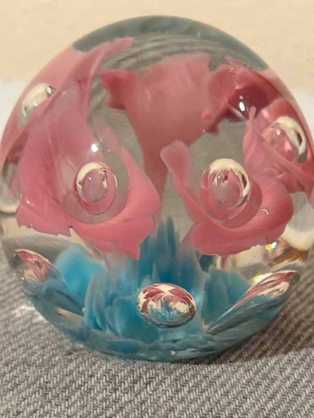Handblown Glass Paperweight with Pink Flower and Blue Base